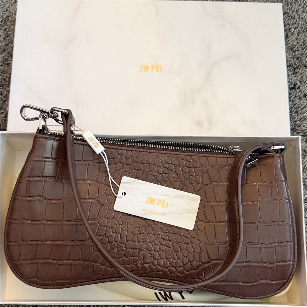 JW PEI Brown Croc-Embossed Vegan Shoulder Bag